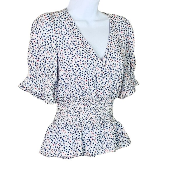 Womens Floral Smocked Peplum V-Neck Blouse Size XS Baby Doll Polka Dot Ruffle - Picture 2 of 4